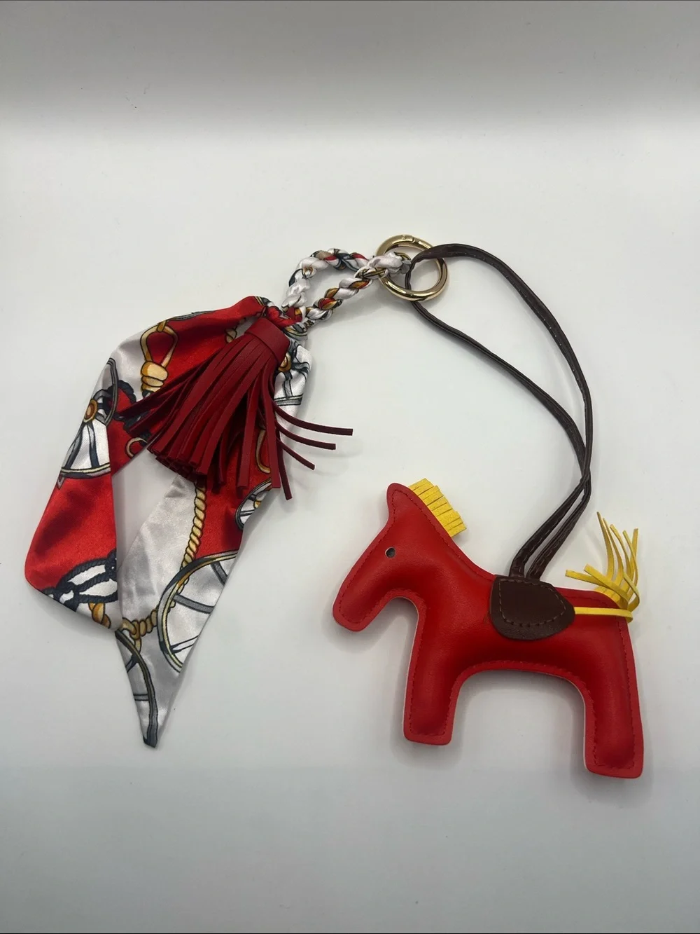 467. Red Horse Bag Charm Keychain with Silk Like Scarf and Red Tassel